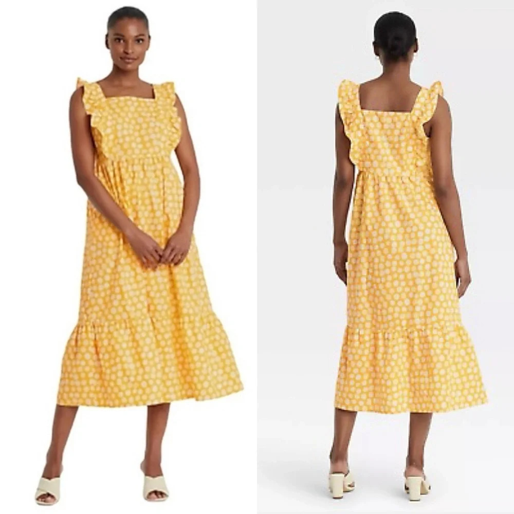 Who What Wear Ruffle Sleeveless Yellow Polka Dots Tiered Midi Dress small - Picture 2 of 9